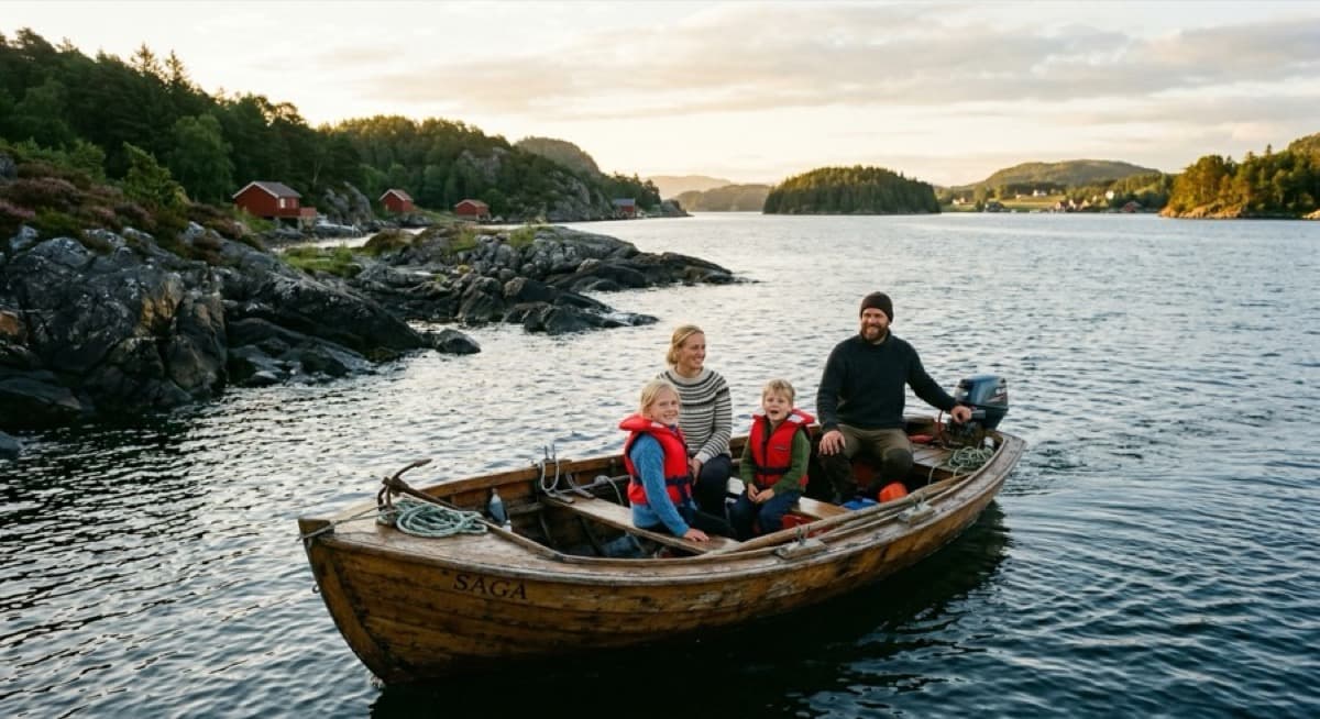 Familie med barn i trebåt på norsk kyst